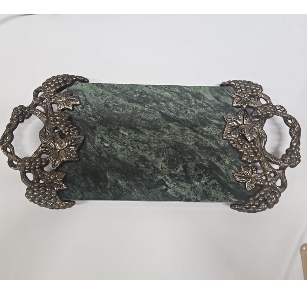Vintage Green Marble Serving Tray Ornate Grape Vine Metal Handles Cheese Board